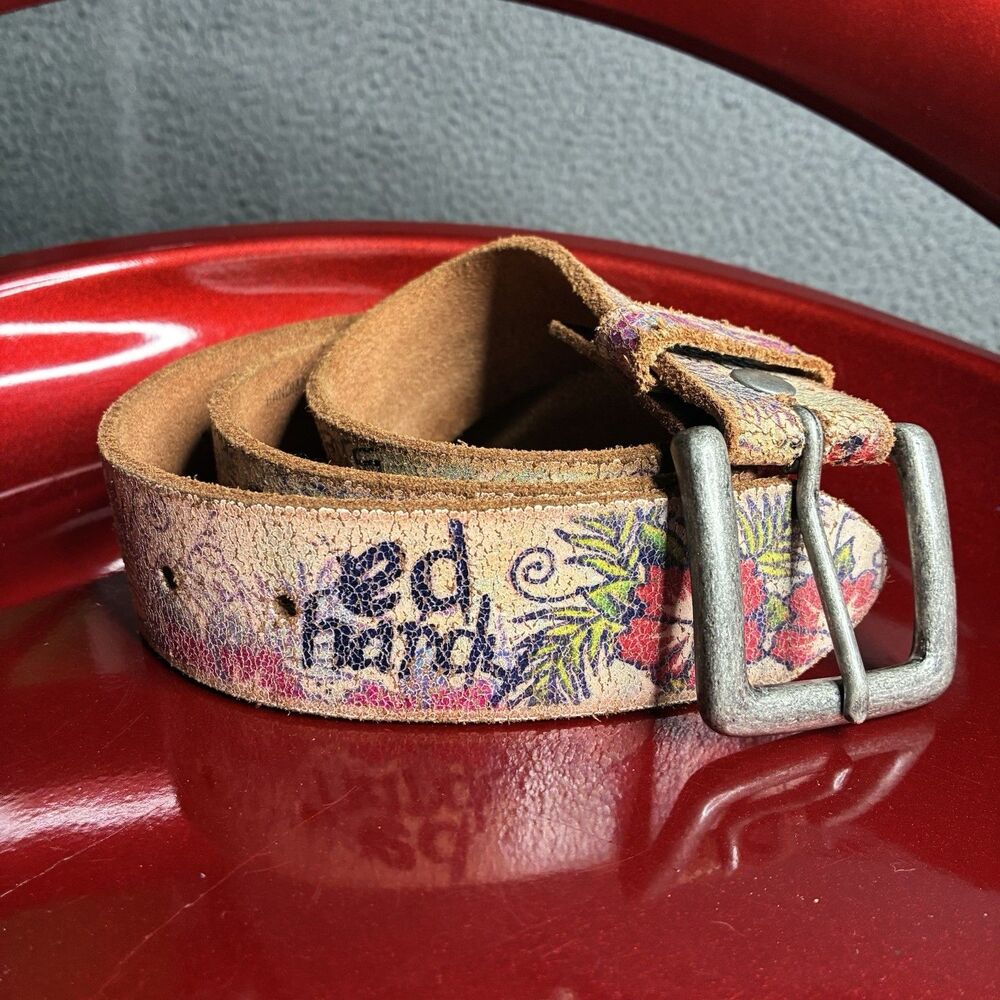 VTG Y2K Ed Hardy Surf Crazy Leather Belt Floral Tattoo Graphic Large 32”-37”